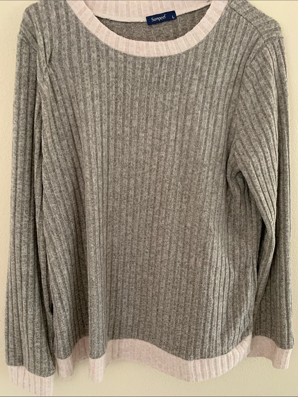 Ribbed Crewneck Sweater tan with cream trim